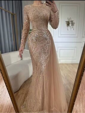 Elegant Long-Sleeve Sequin Evening Gown in Nude